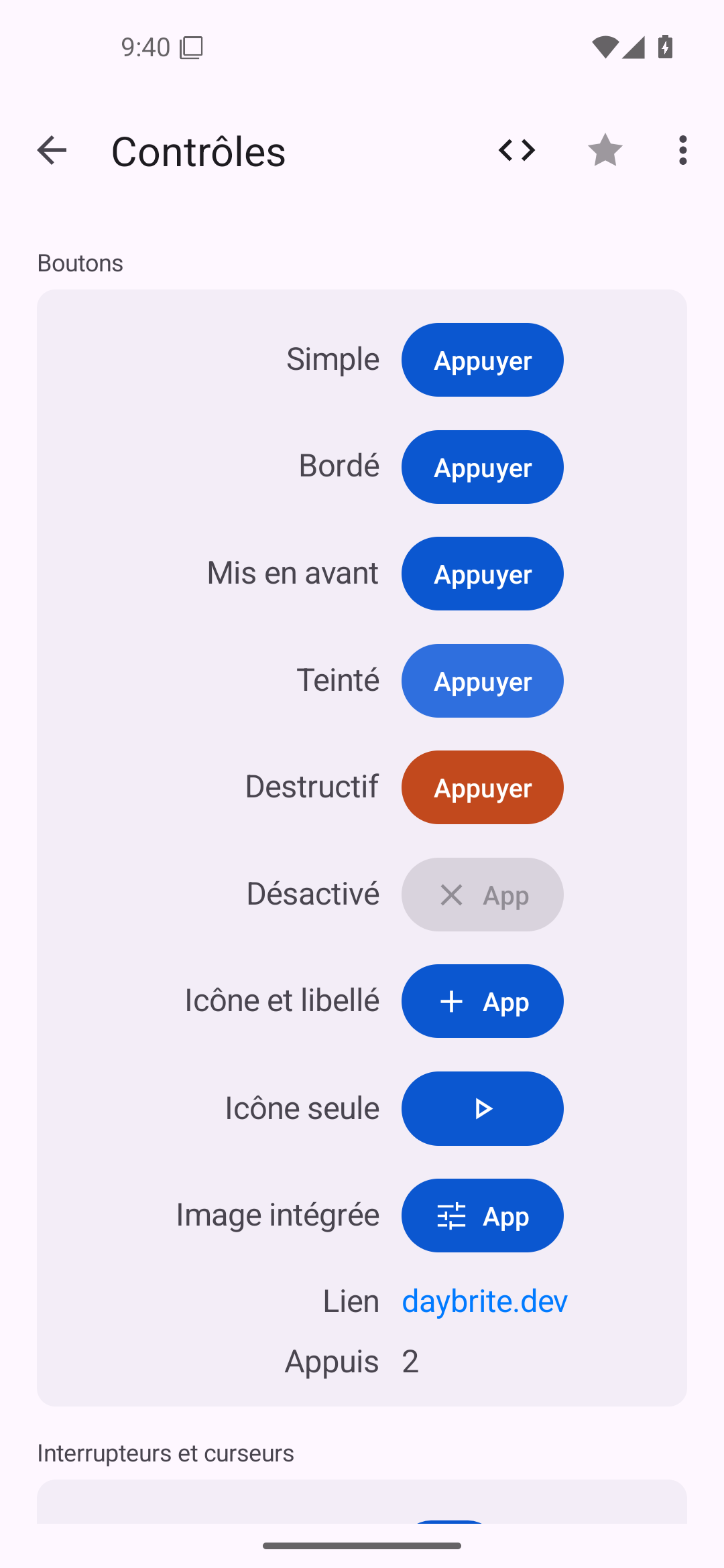 Contrôles — Android (Material) · Phone