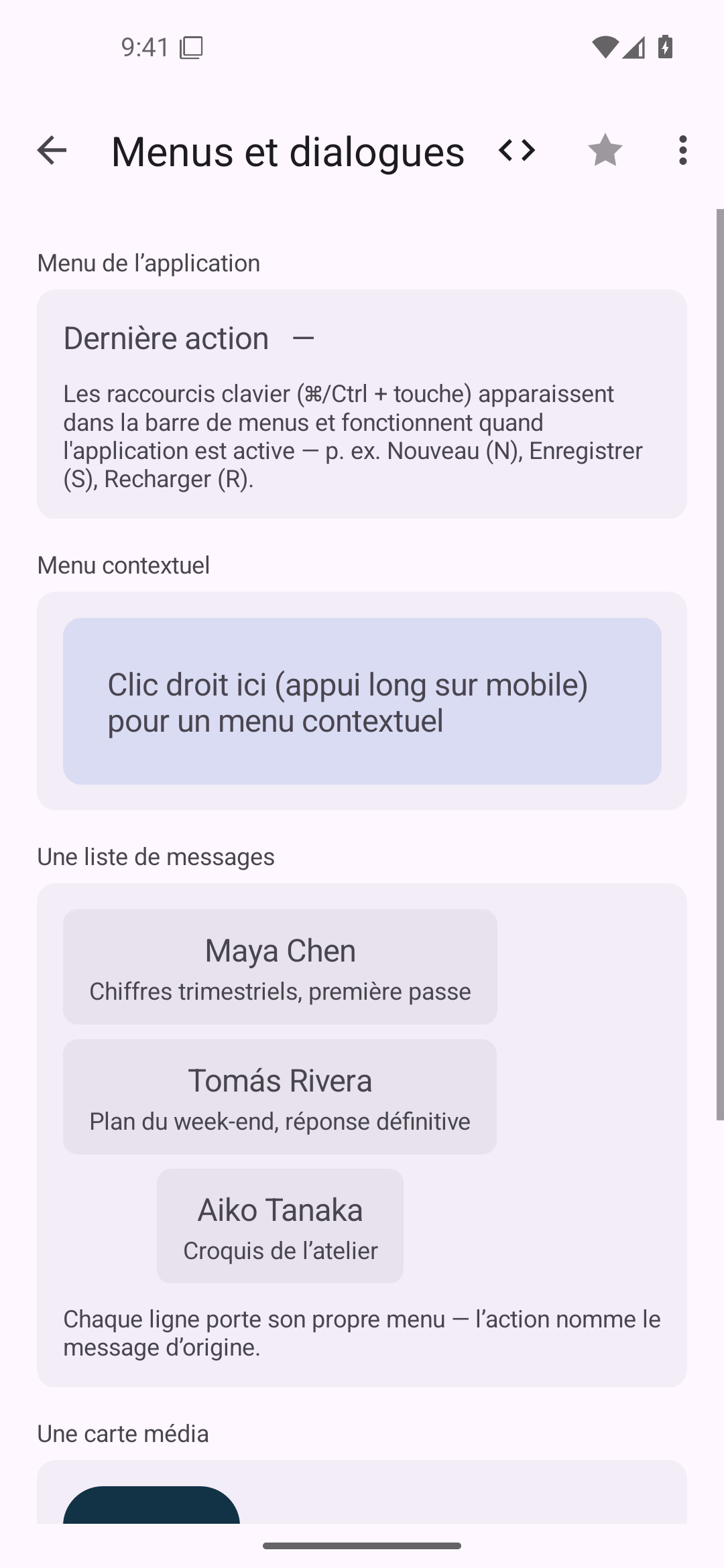 Menus et dialogues — Android (Material) · Phone