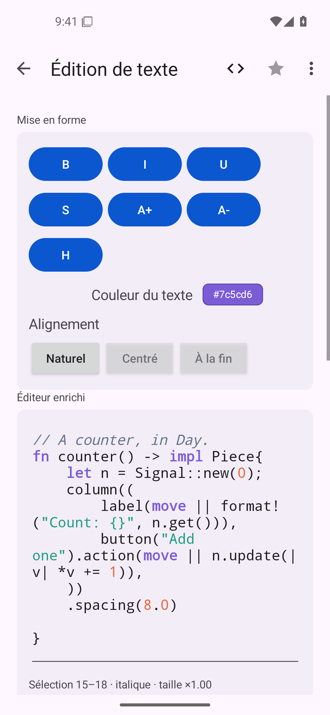 Coloration syntaxique en direct — Android (Material) · Phone