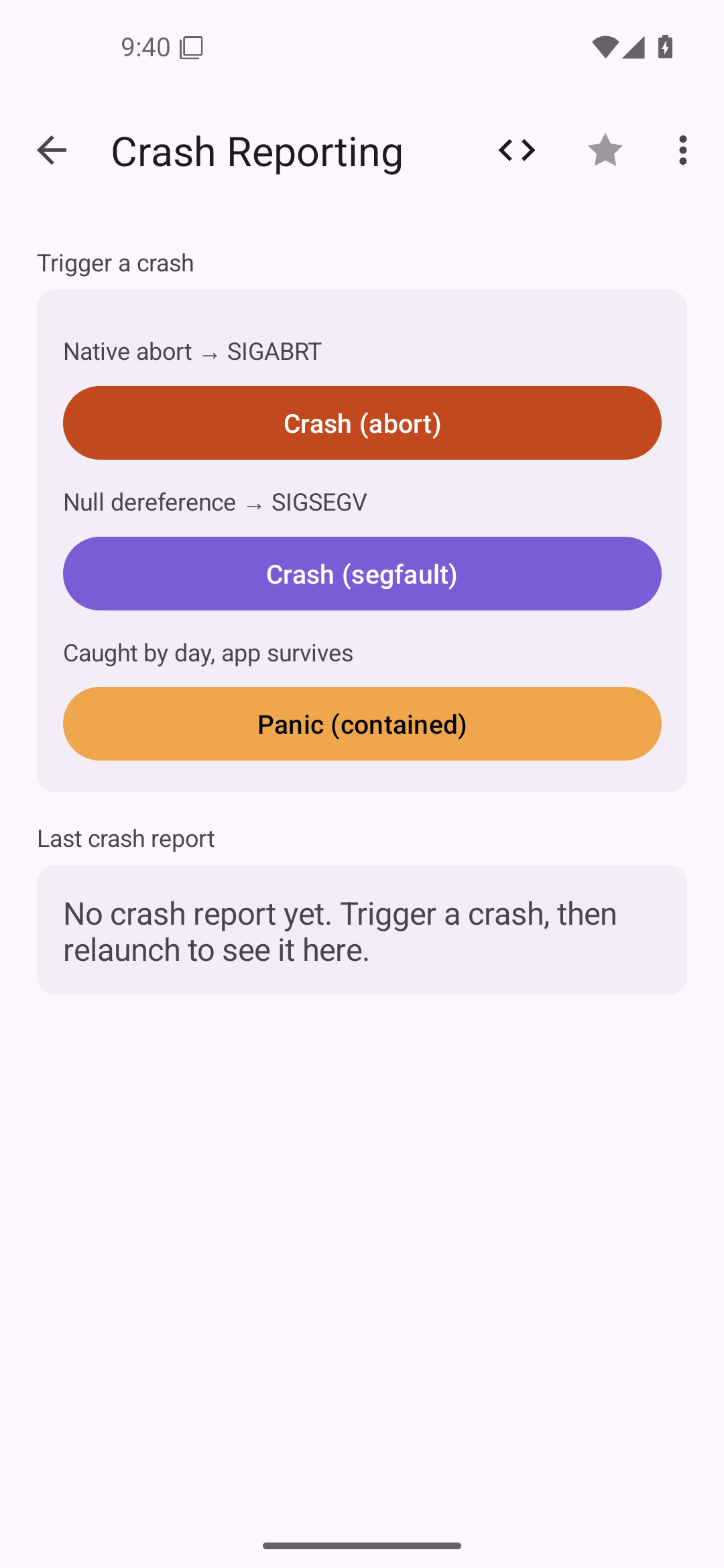 Crash reporting — Android (Material) · Phone