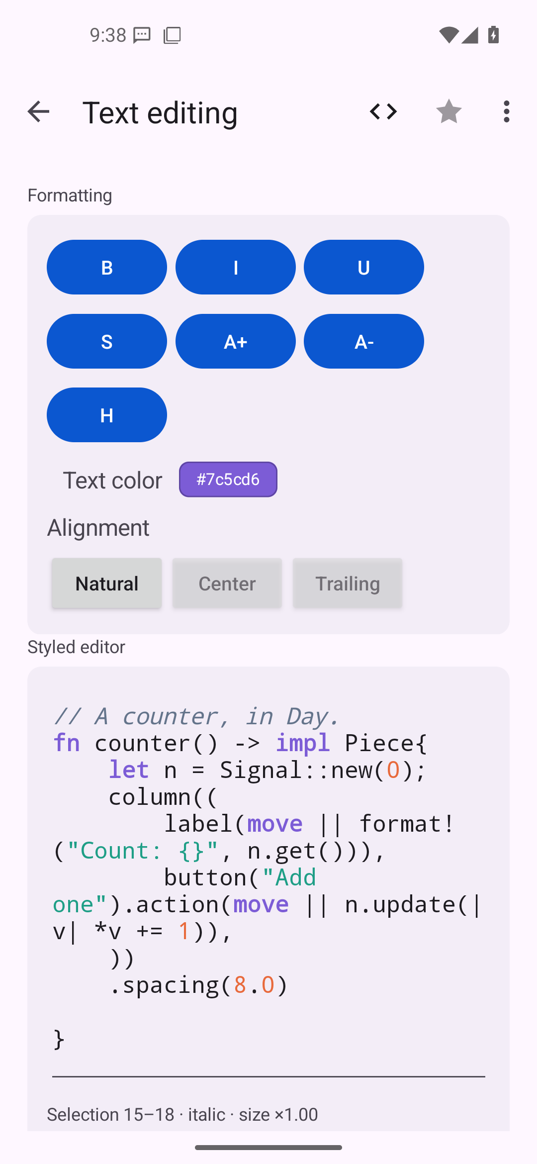 Live syntax highlighting — Android (Material) · Phone