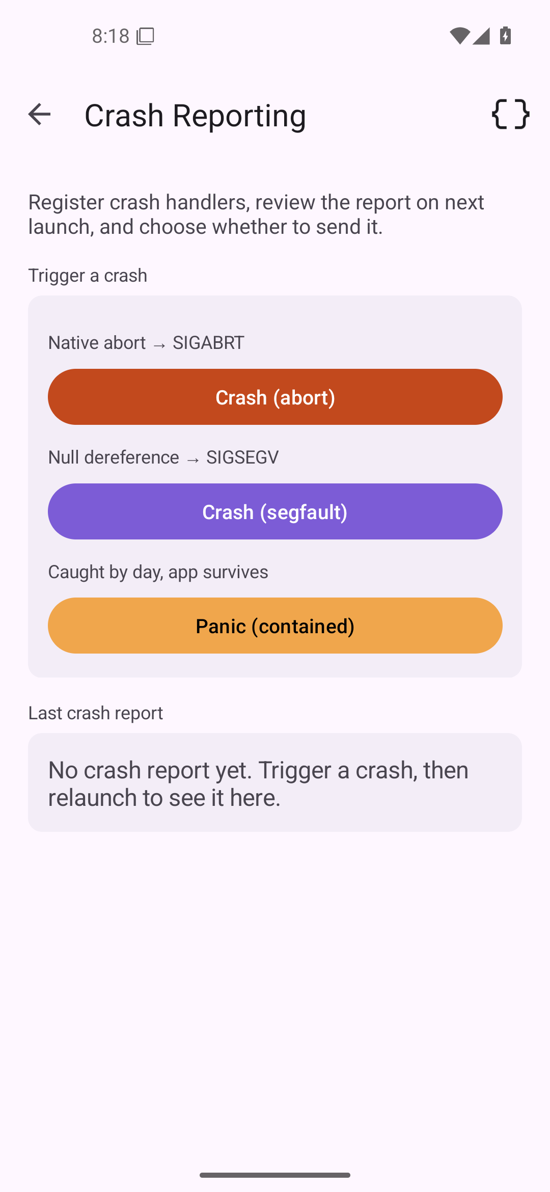 Crash reporting, Android Android