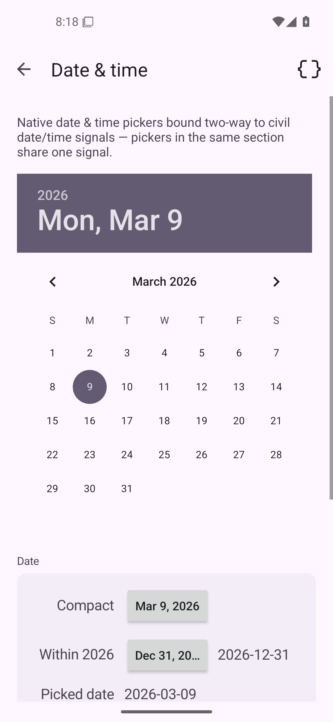 Date & time, Android Android
