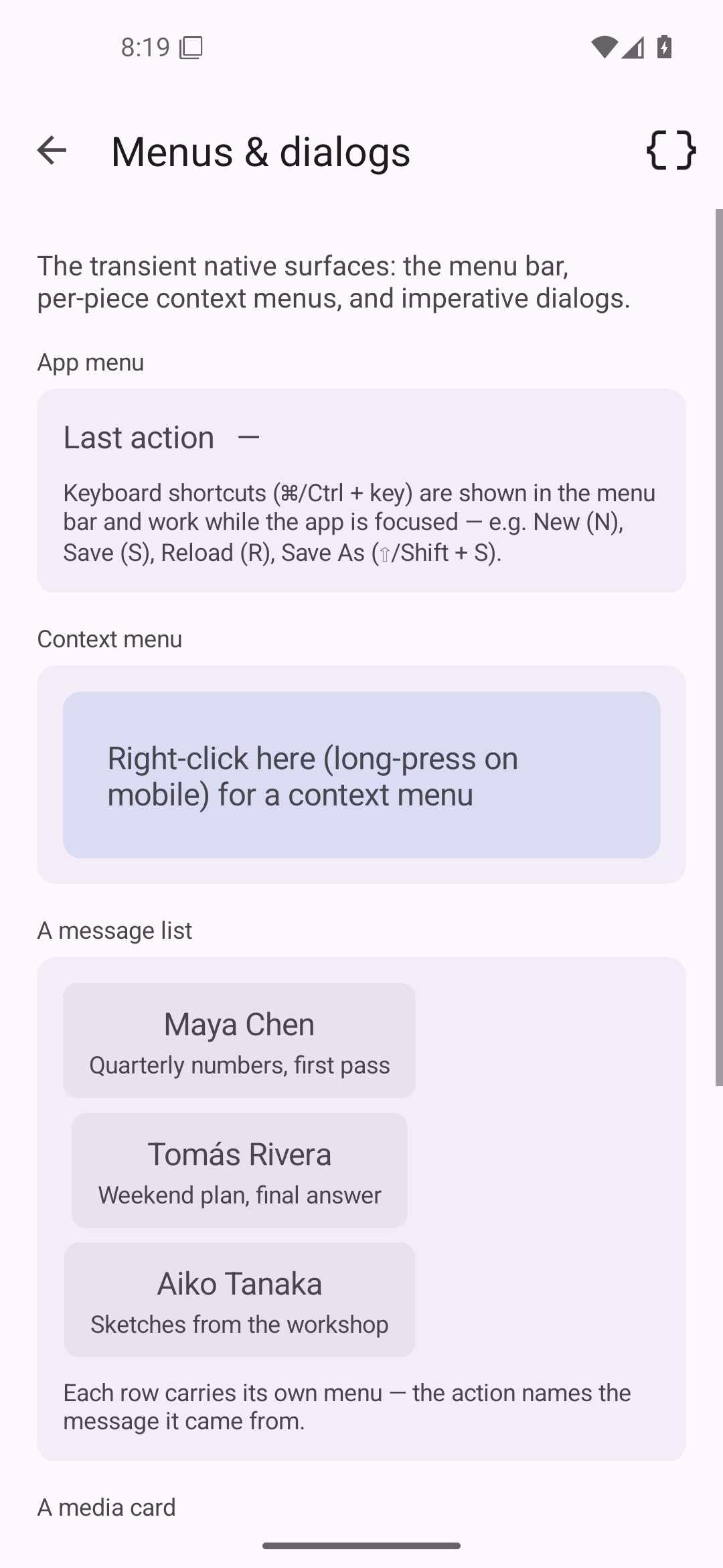 Menus & dialogs, Android Android