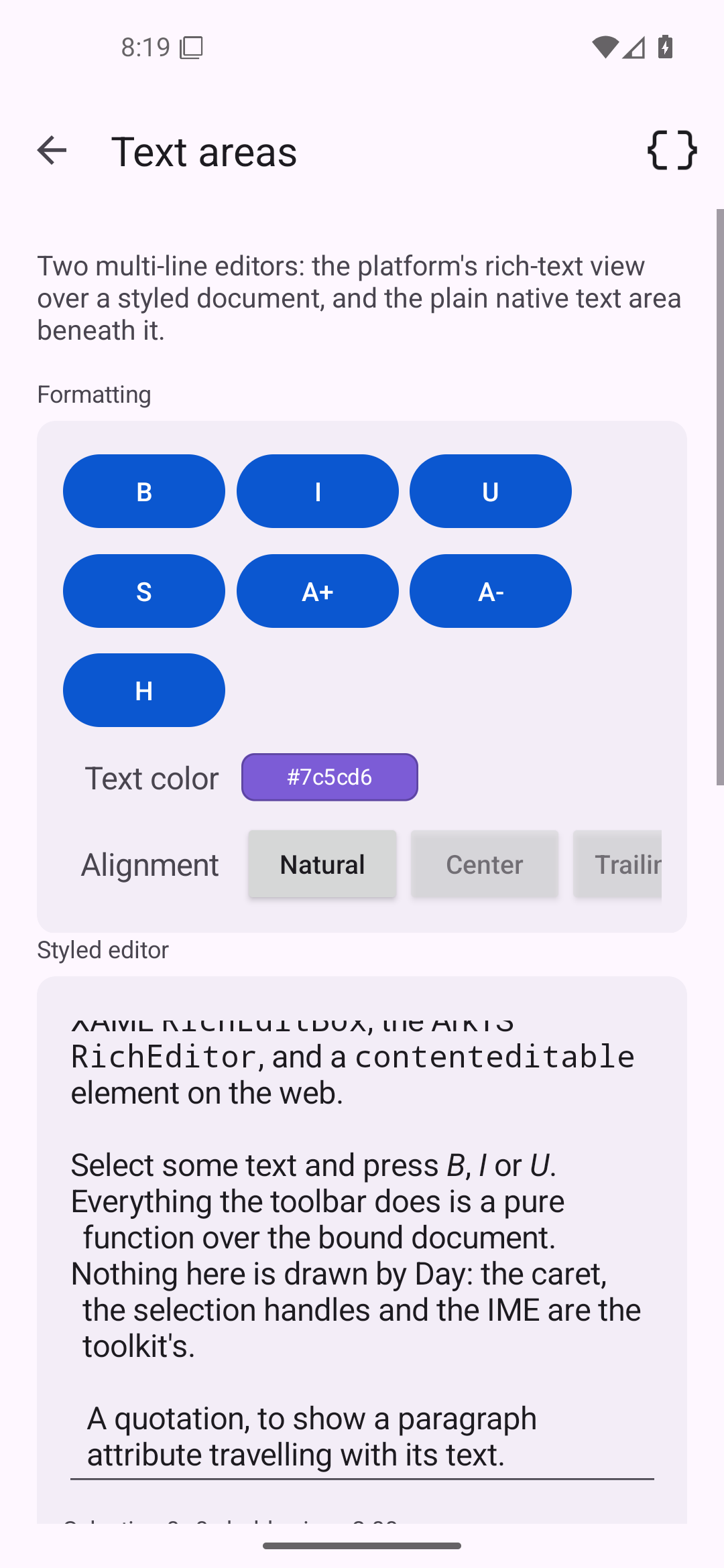 Text areas, Android Android