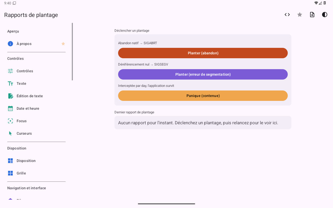 Rapports de plantage — Android (Material) · Tablet