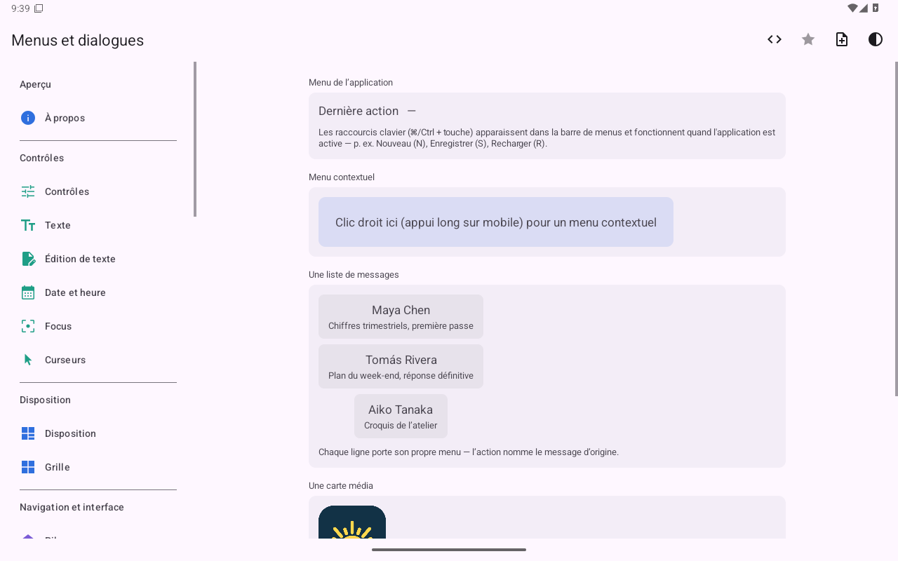 Menus et dialogues — Android (Material) · Tablet