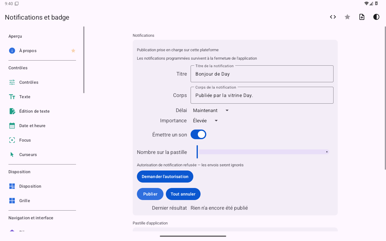 Notifications et badge — Android (Material) · Tablet