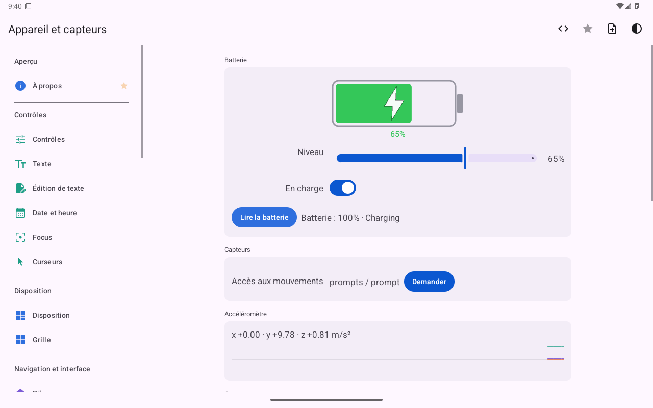 Appareil et capteurs — Android (Material) · Tablet
