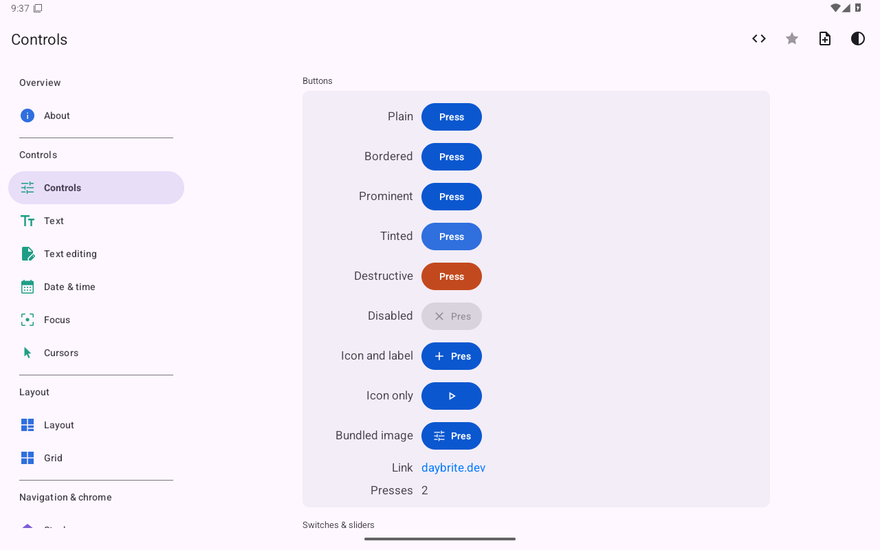 Controls · pickers — Android (Material) · Tablet