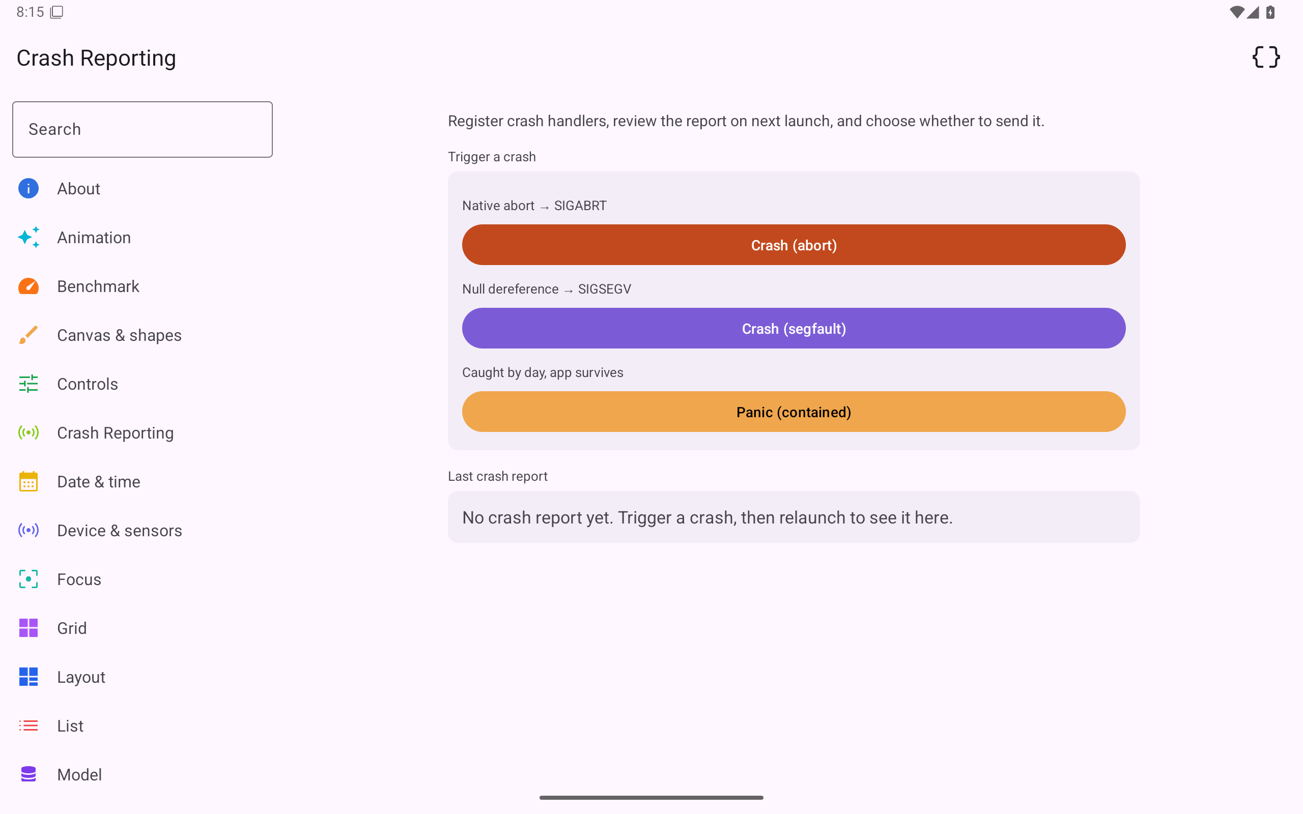 Crash reporting, Android Tablet