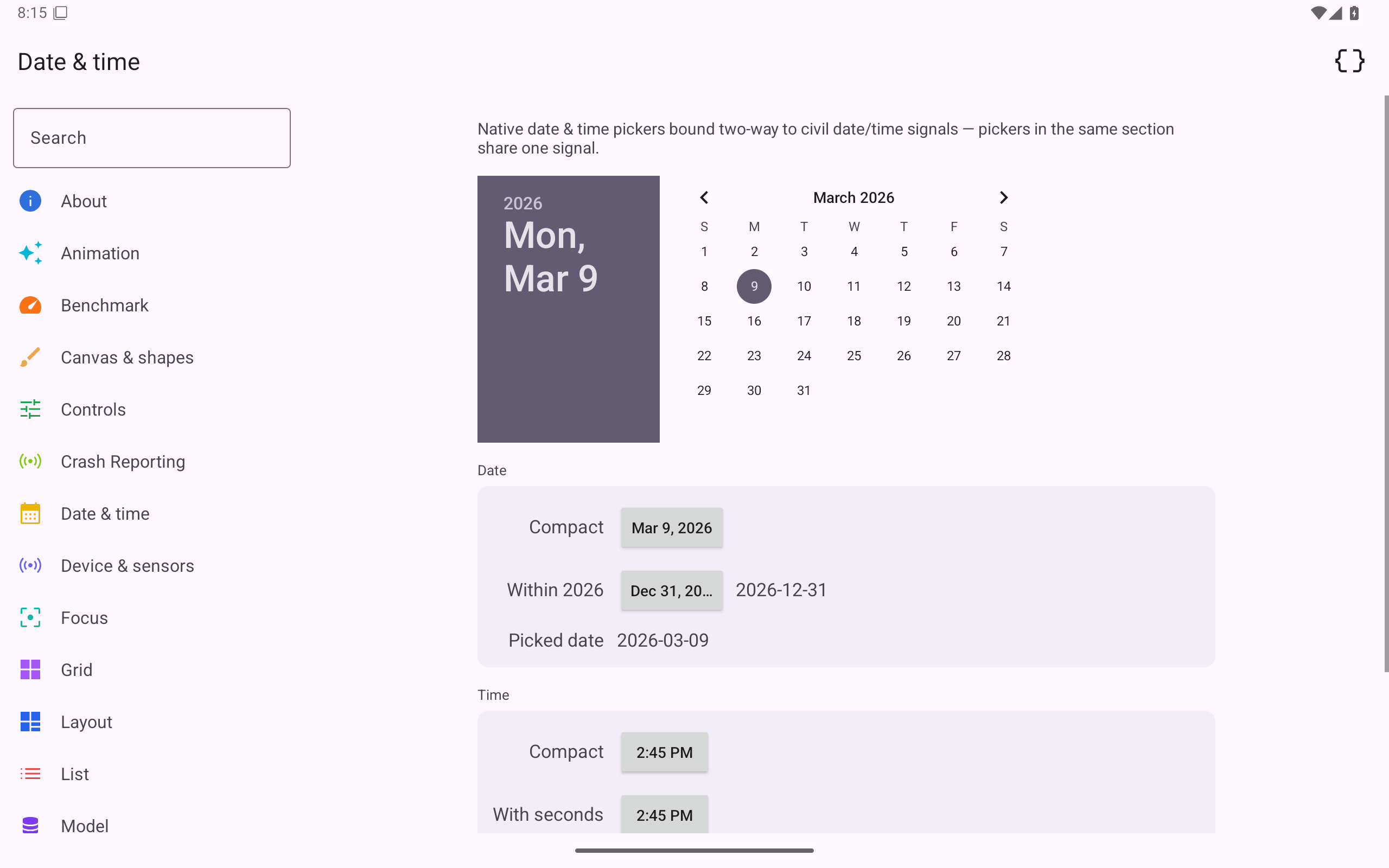 Date & time, Android Tablet