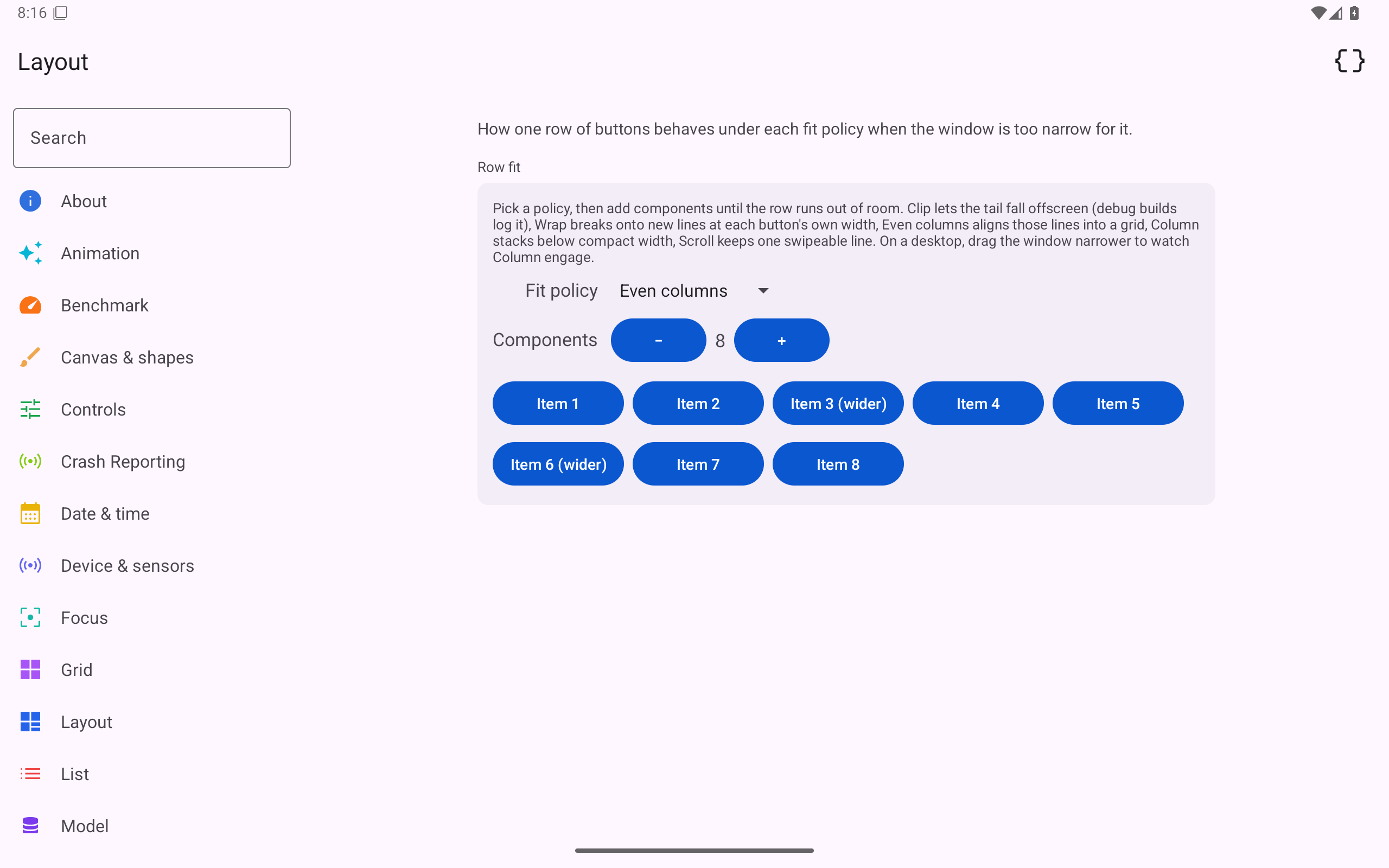 Layout · even columns, Android Tablet