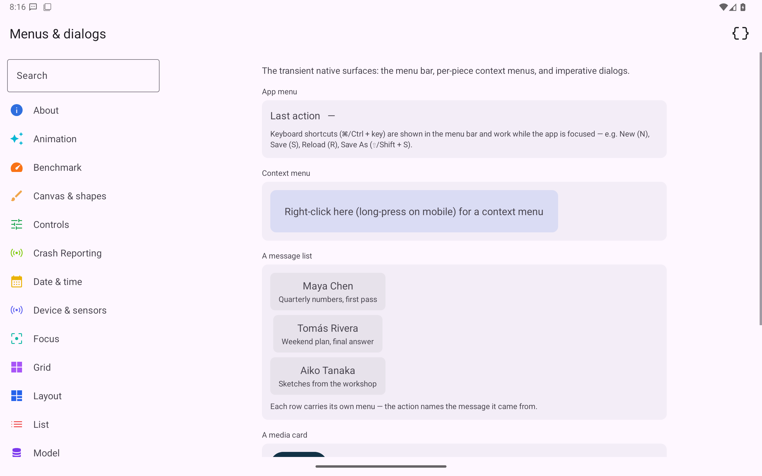 Menus & dialogs, Android Tablet