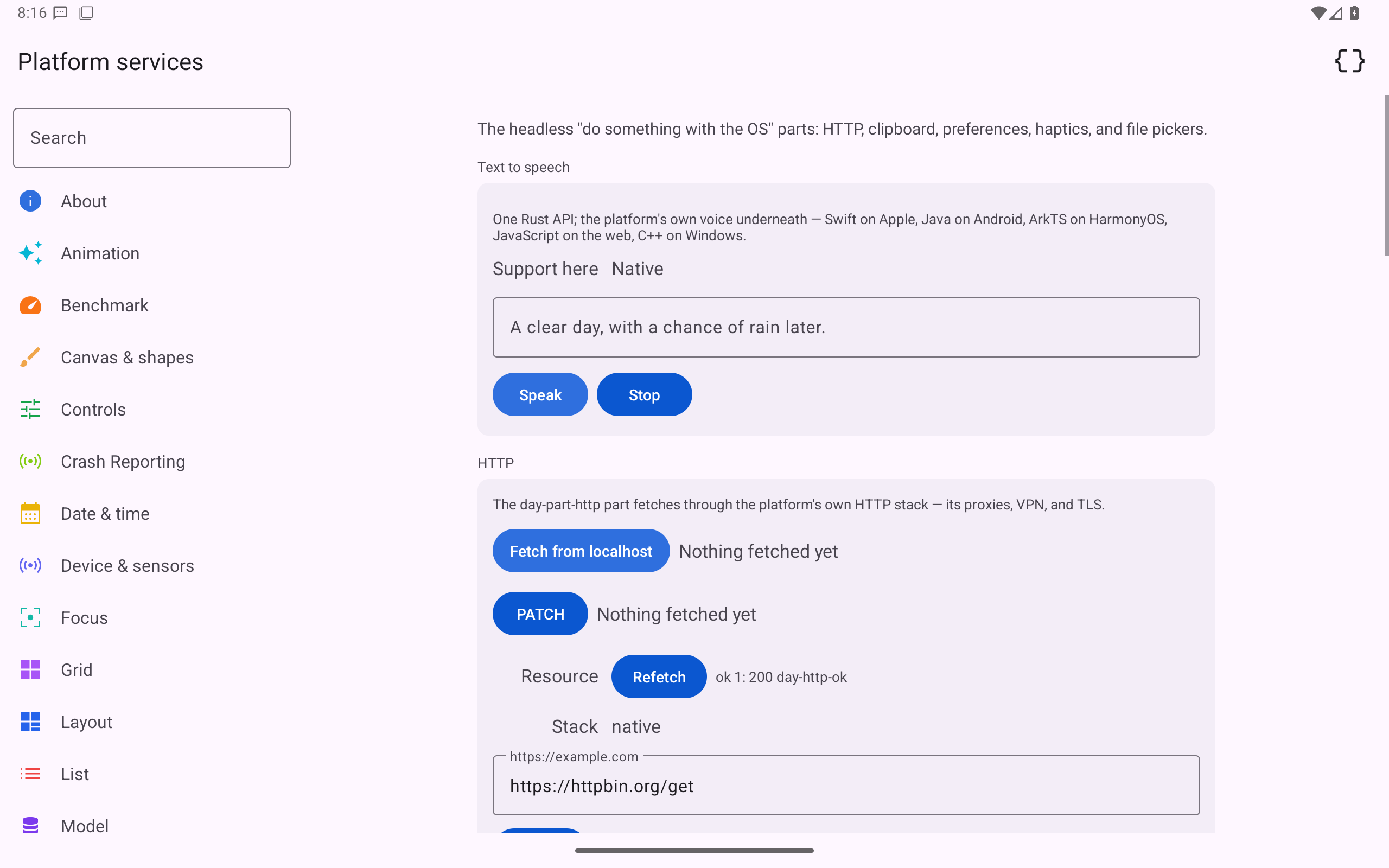 Platform services, Android Tablet