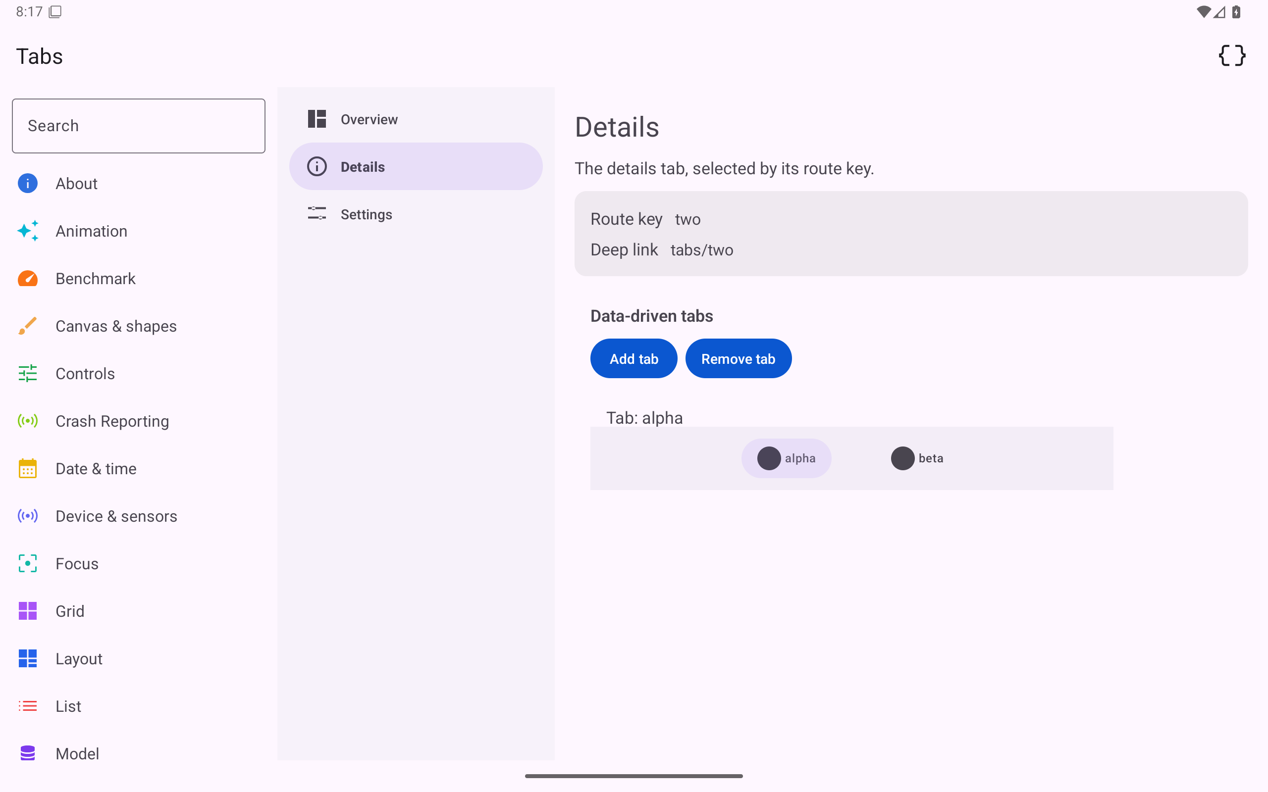 Tabs · second tab, Android Tablet