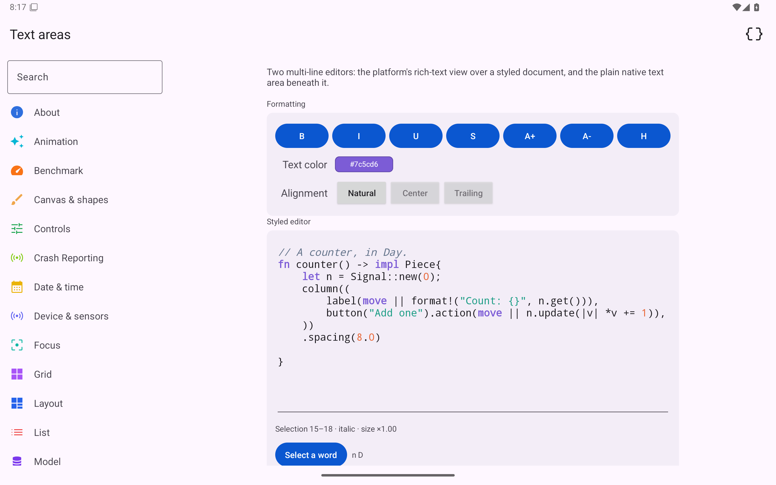 Live syntax highlighting, Android Tablet