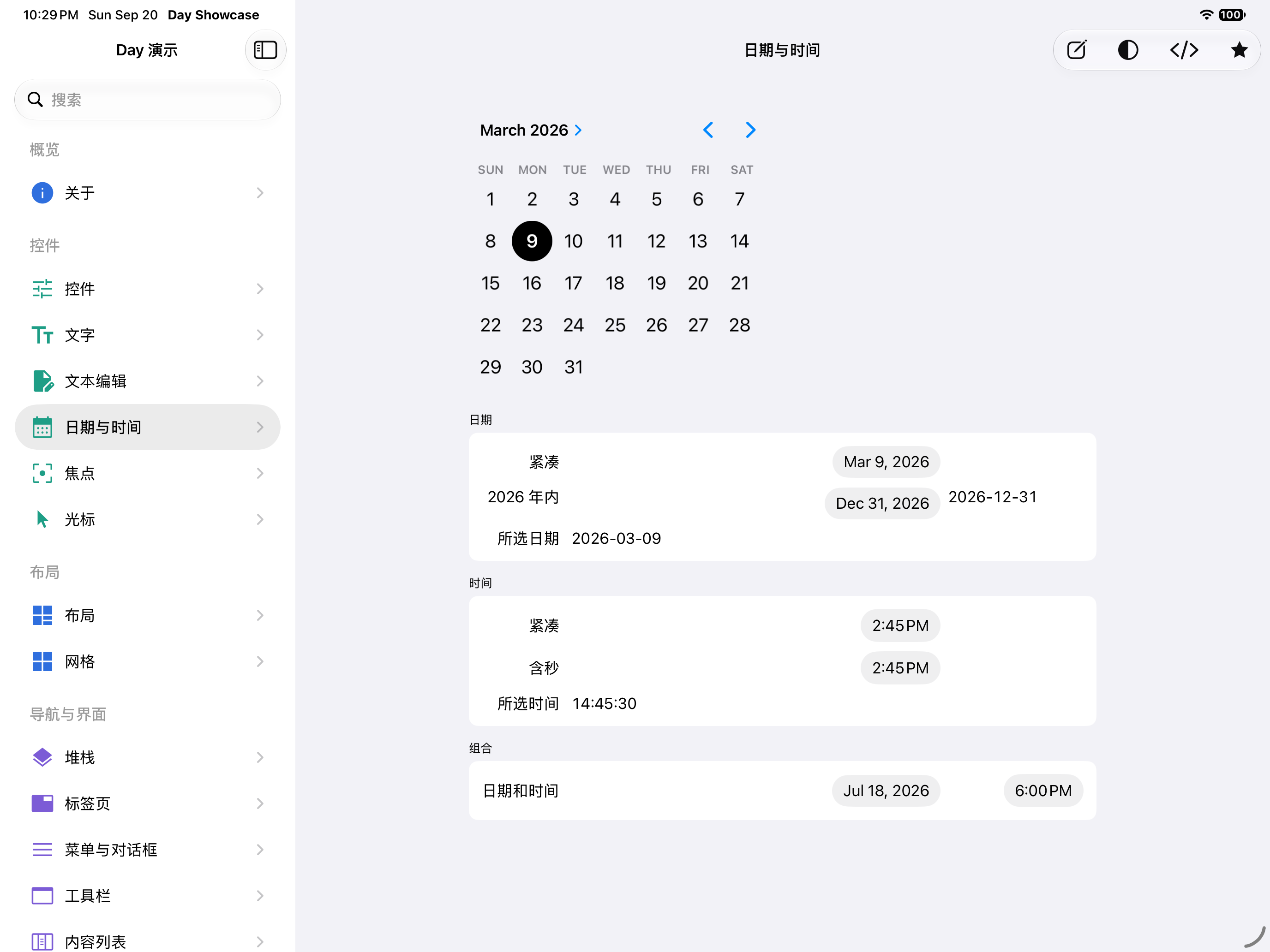 日期与时间 — iOS (UIKit) · iPad