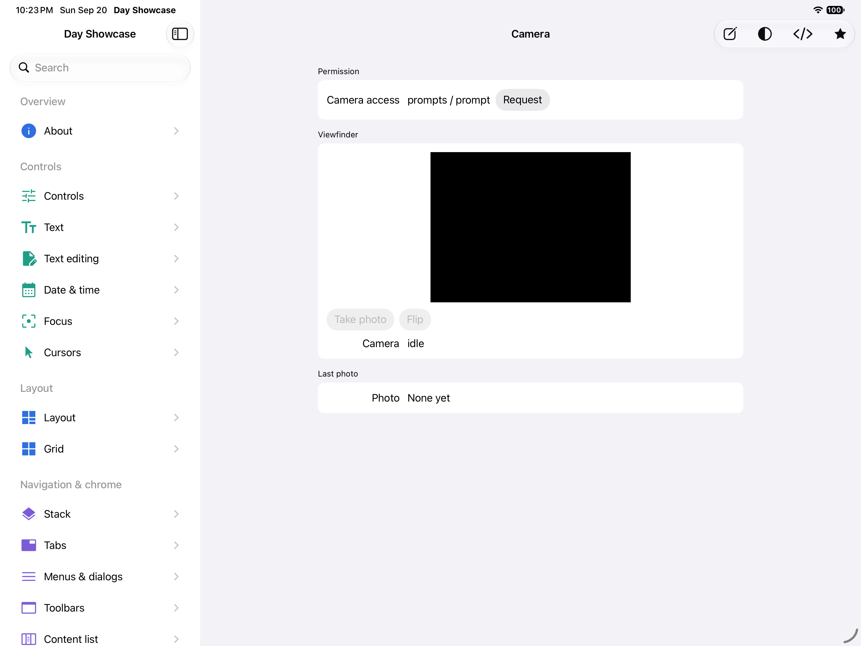 Camera — iOS (UIKit) · iPad