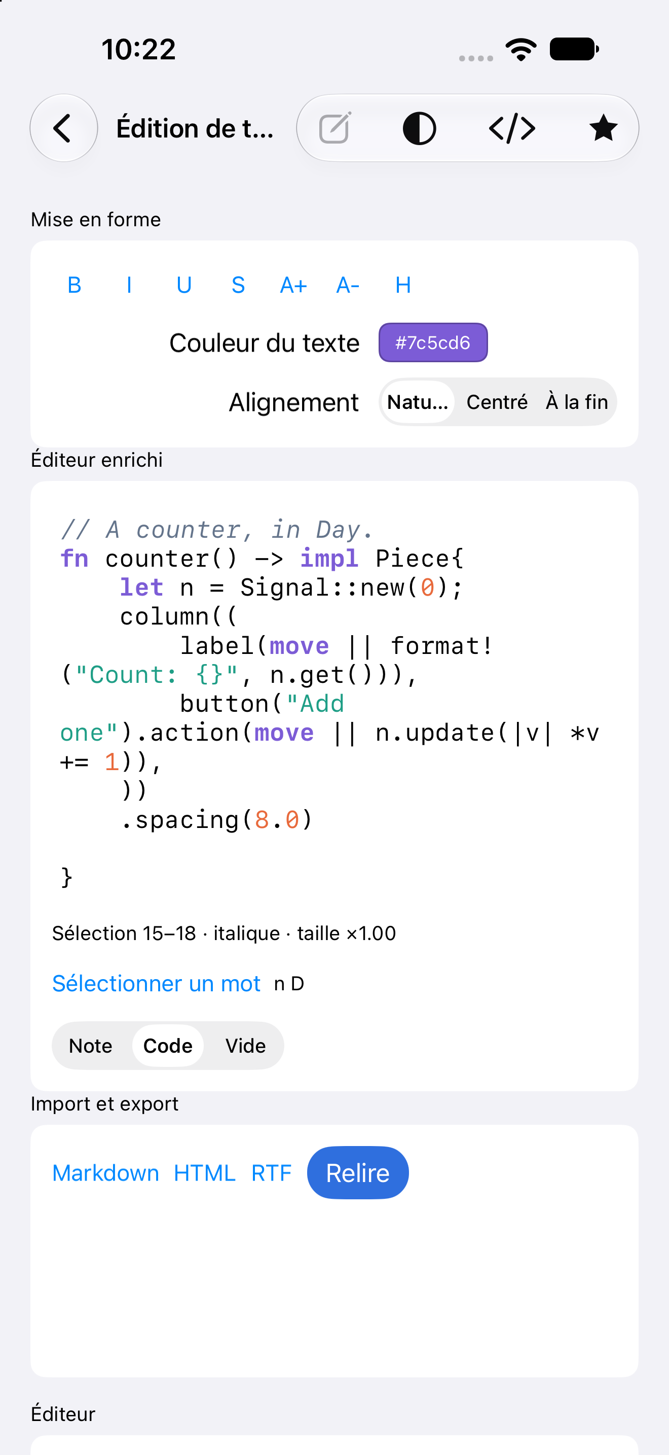 Coloration syntaxique en direct — iOS (UIKit) · iPhone