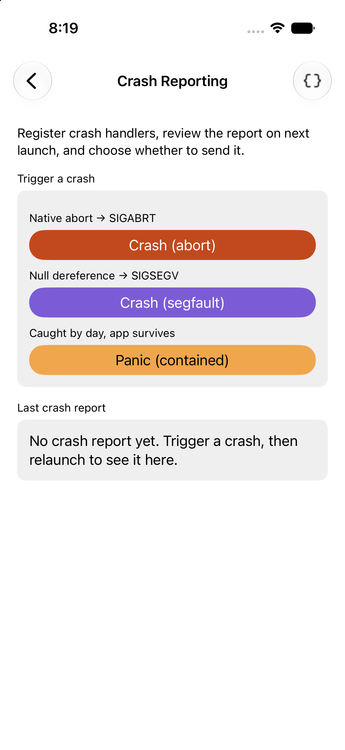Crash reporting, iOS UIKit