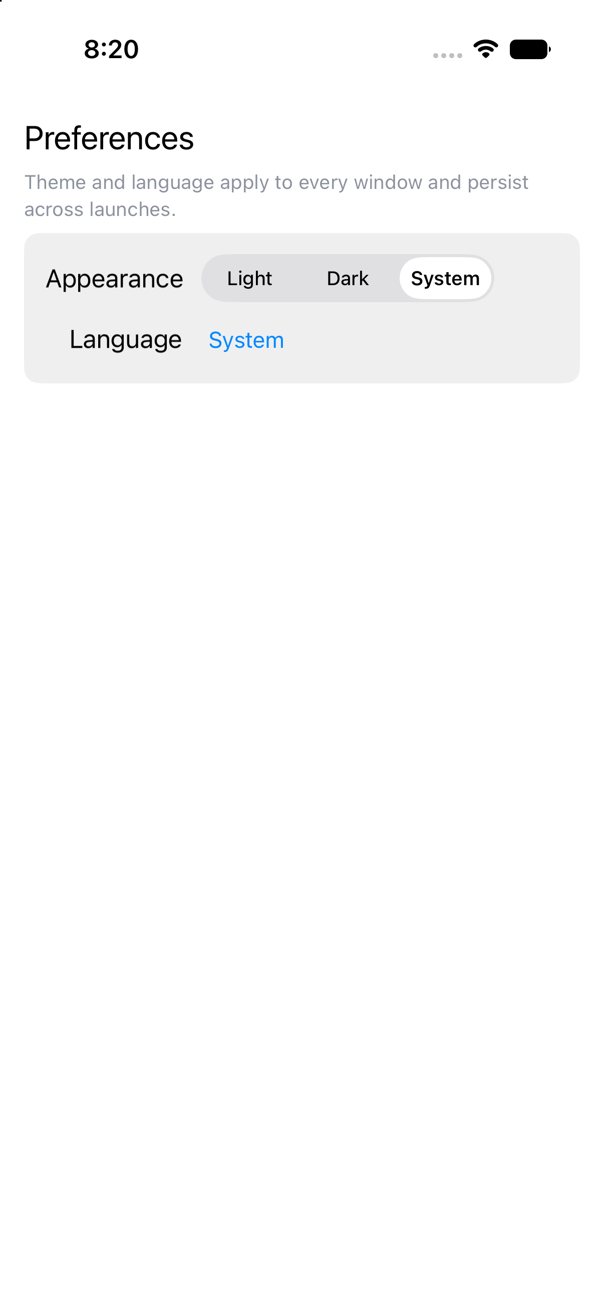 Menus & dialogs · preferences window, iOS UIKit