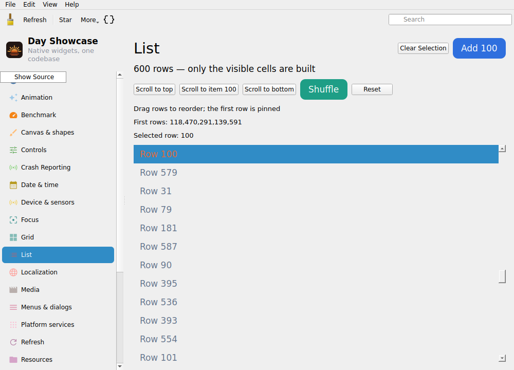 List Item 100 Shuffled — Linux (Qt 6 / KDE)
