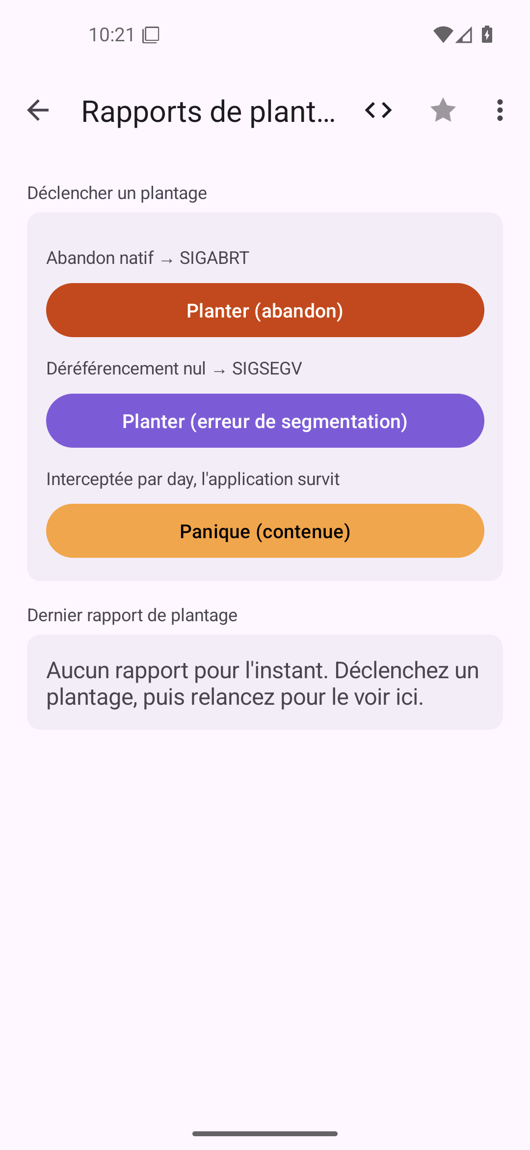 Rapports de plantage — Android (Material) · Phone