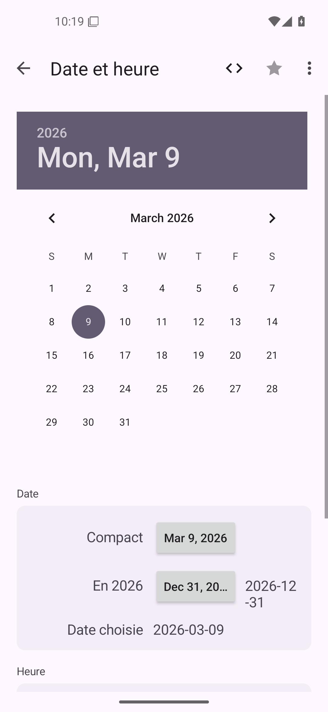 Date et heure — Android (Material) · Phone