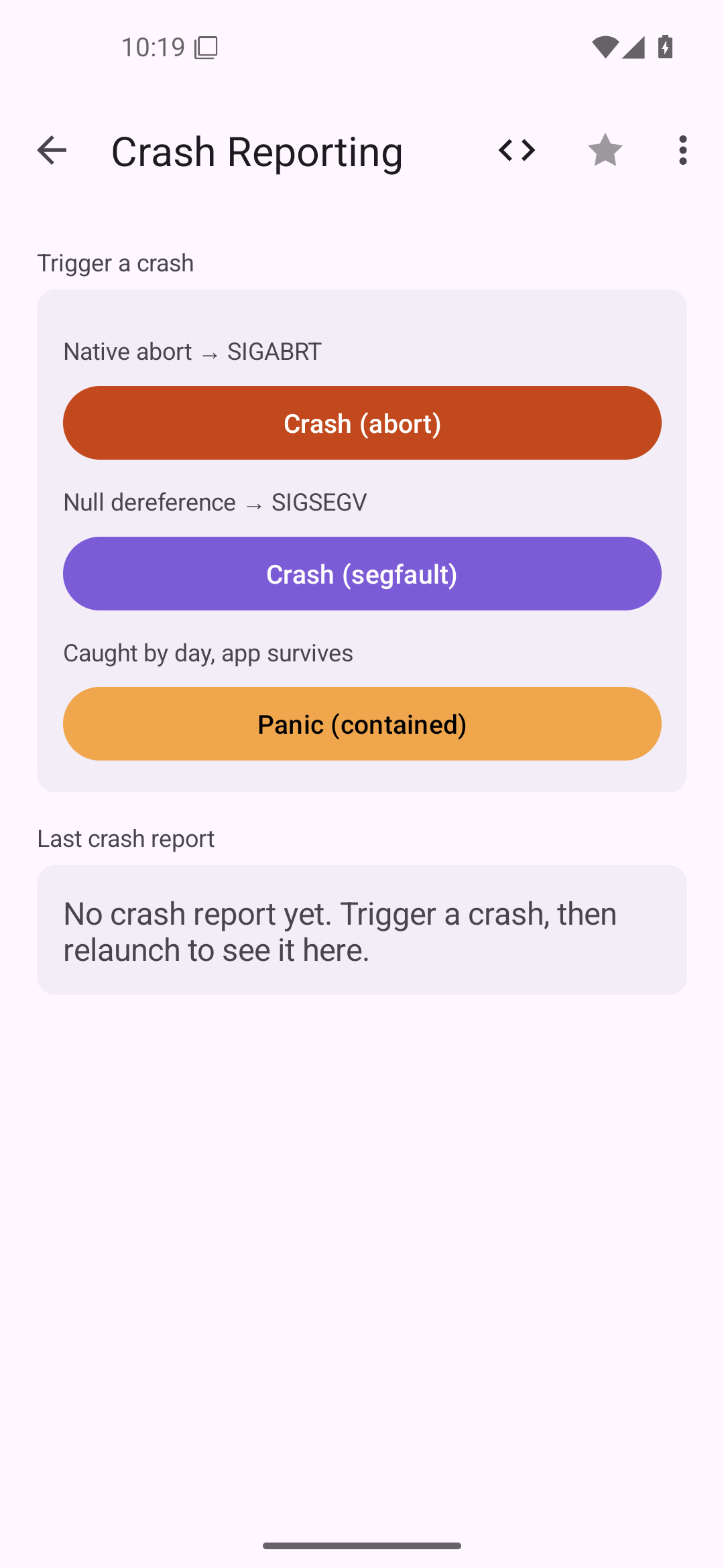 Crash reporting — Android (Material) · Phone