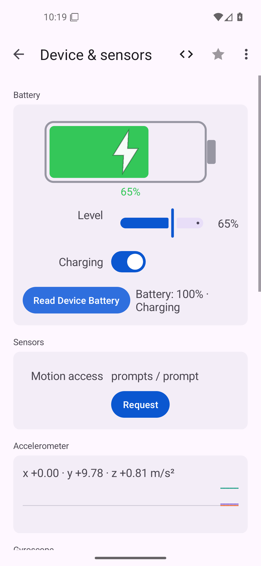Device & sensors — Android (Material) · Phone