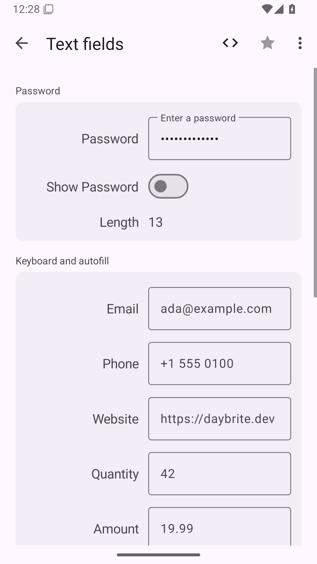 Text fields, Android Android