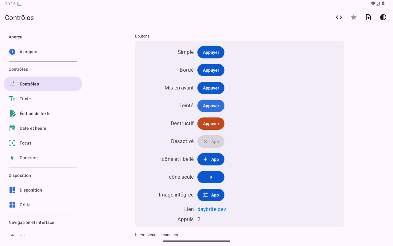 Contrôles · sélecteurs — Android (Material) · Tablet