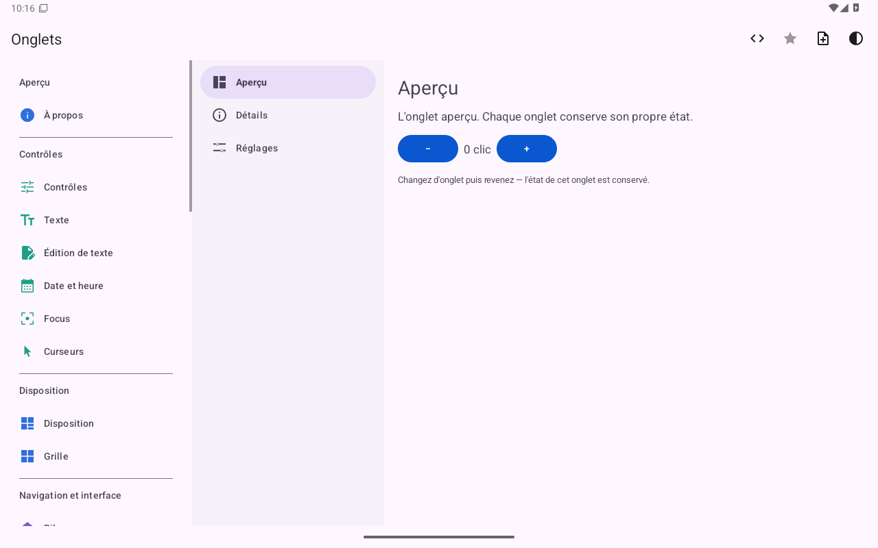 Onglets — Android (Material) · Tablet