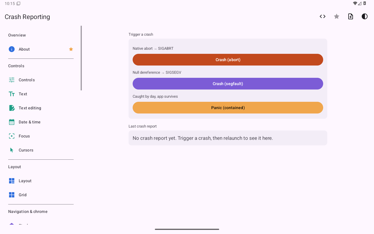 Crash reporting — Android (Material) · Tablet