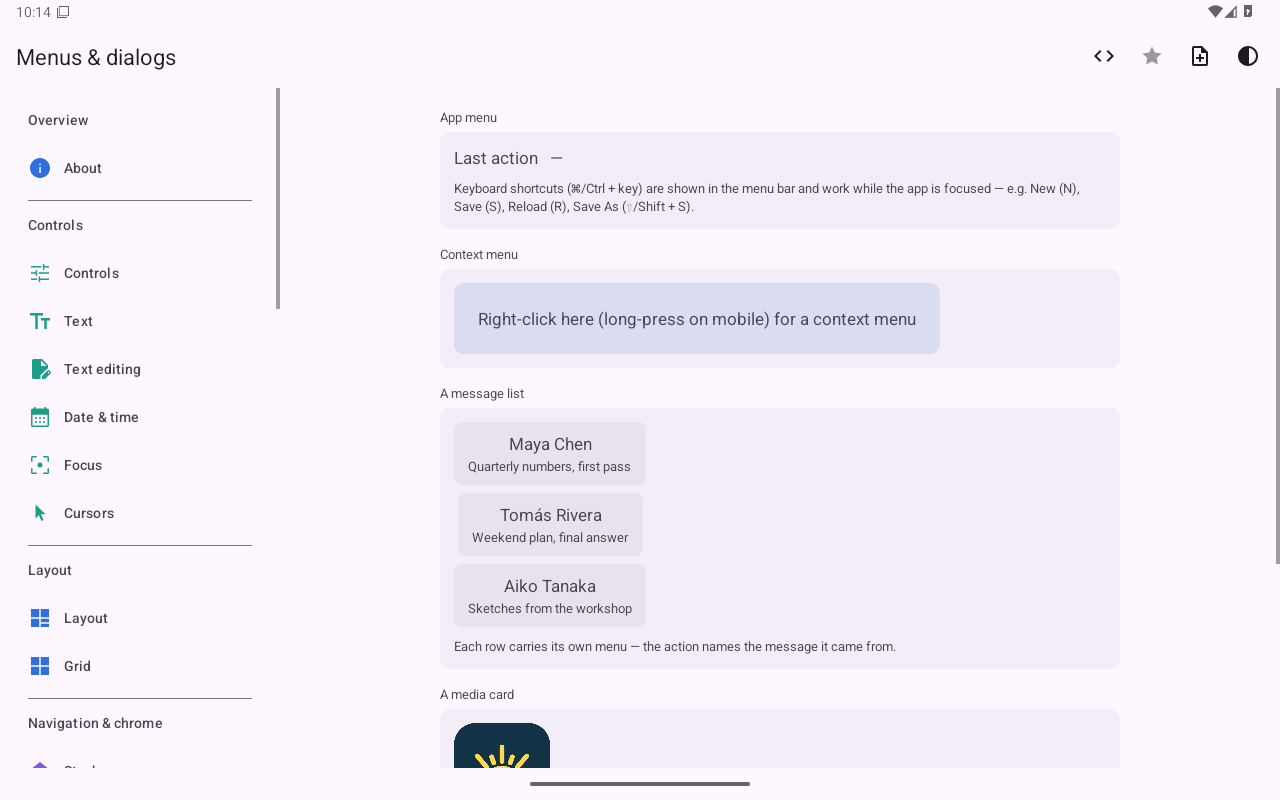 Menus & dialogs — Android (Material) · Tablet