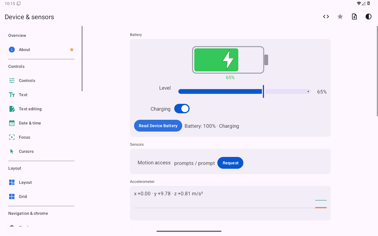 Device & sensors — Android (Material) · Tablet