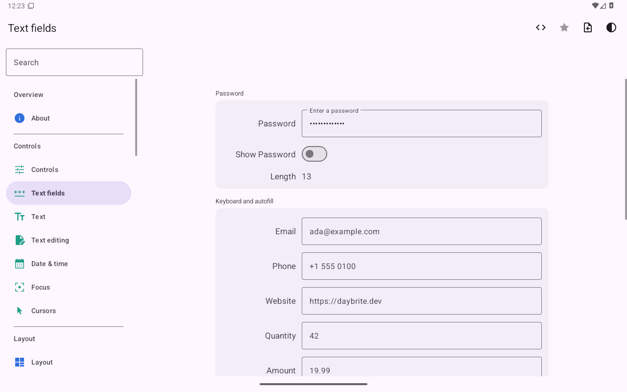 Text fields, Android Tablet