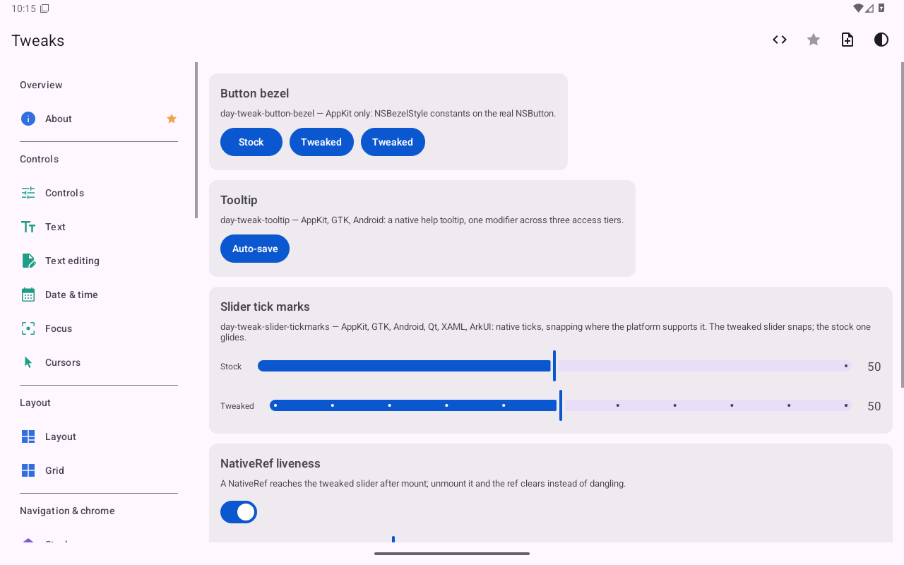 Tweaks — Android (Material) · Tablet