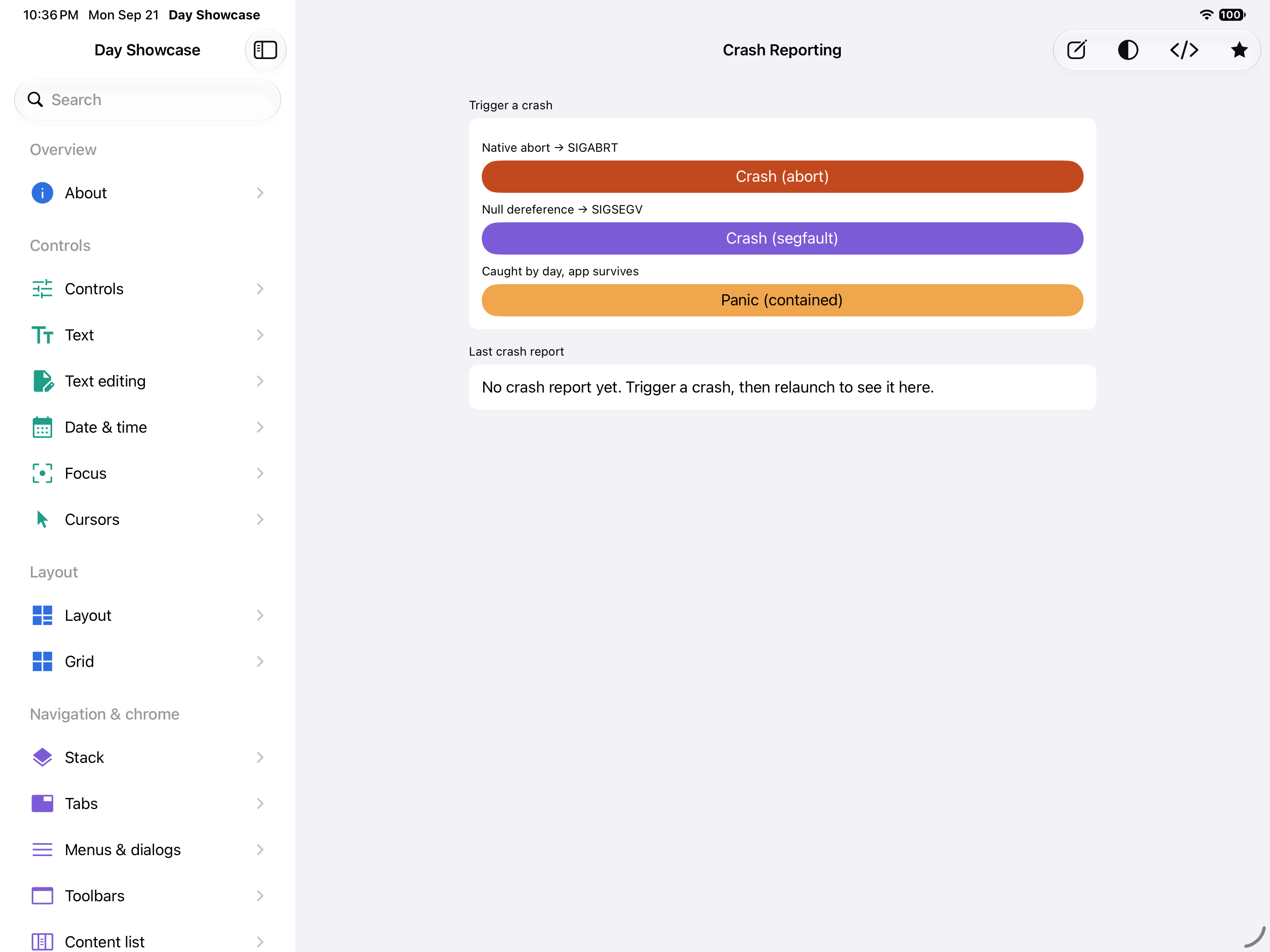 Crash reporting — iOS (UIKit) · iPad