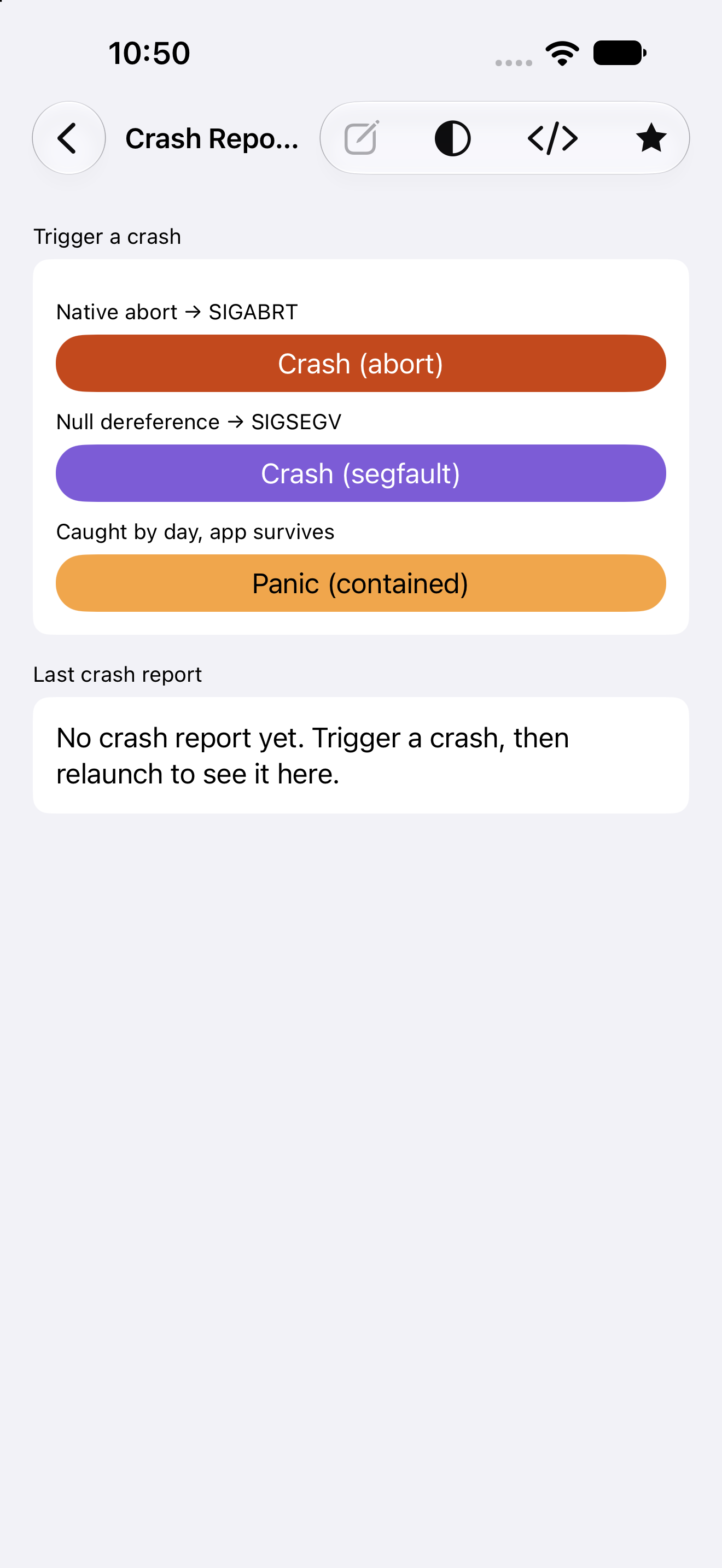 Crash reporting — iOS (UIKit) · iPhone