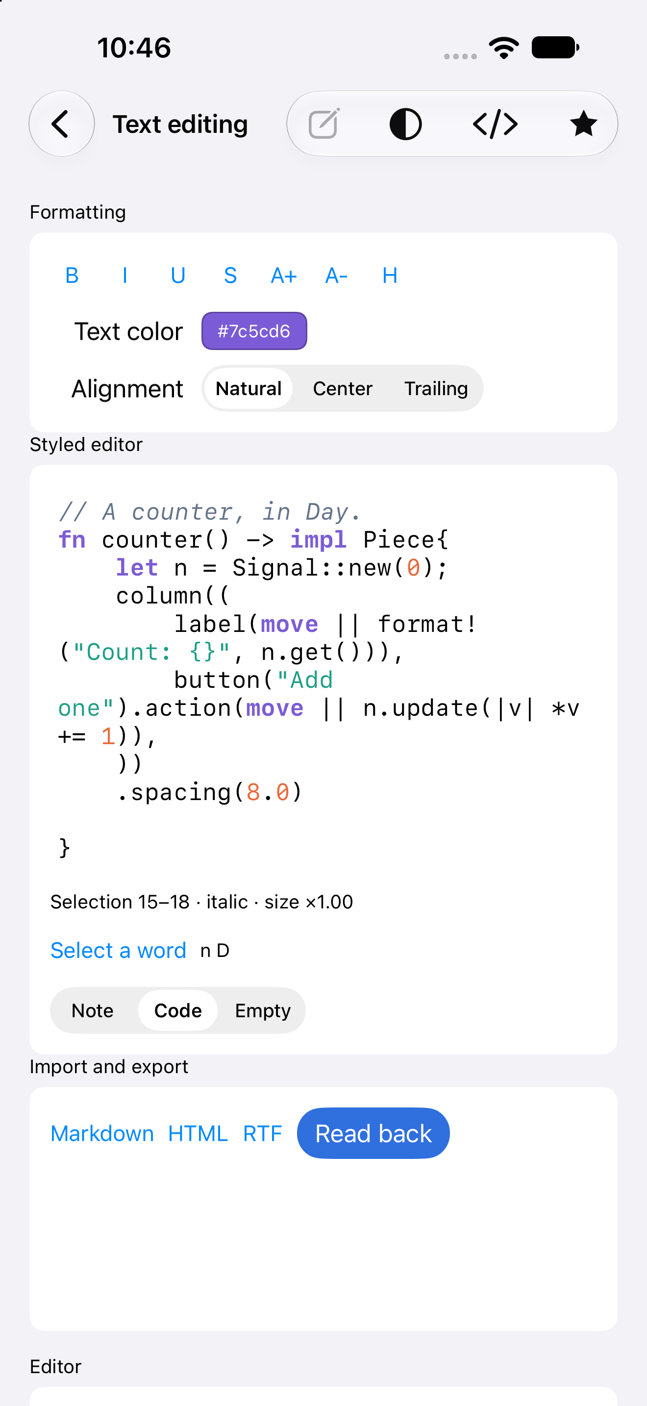 Live syntax highlighting — iOS (UIKit) · iPhone