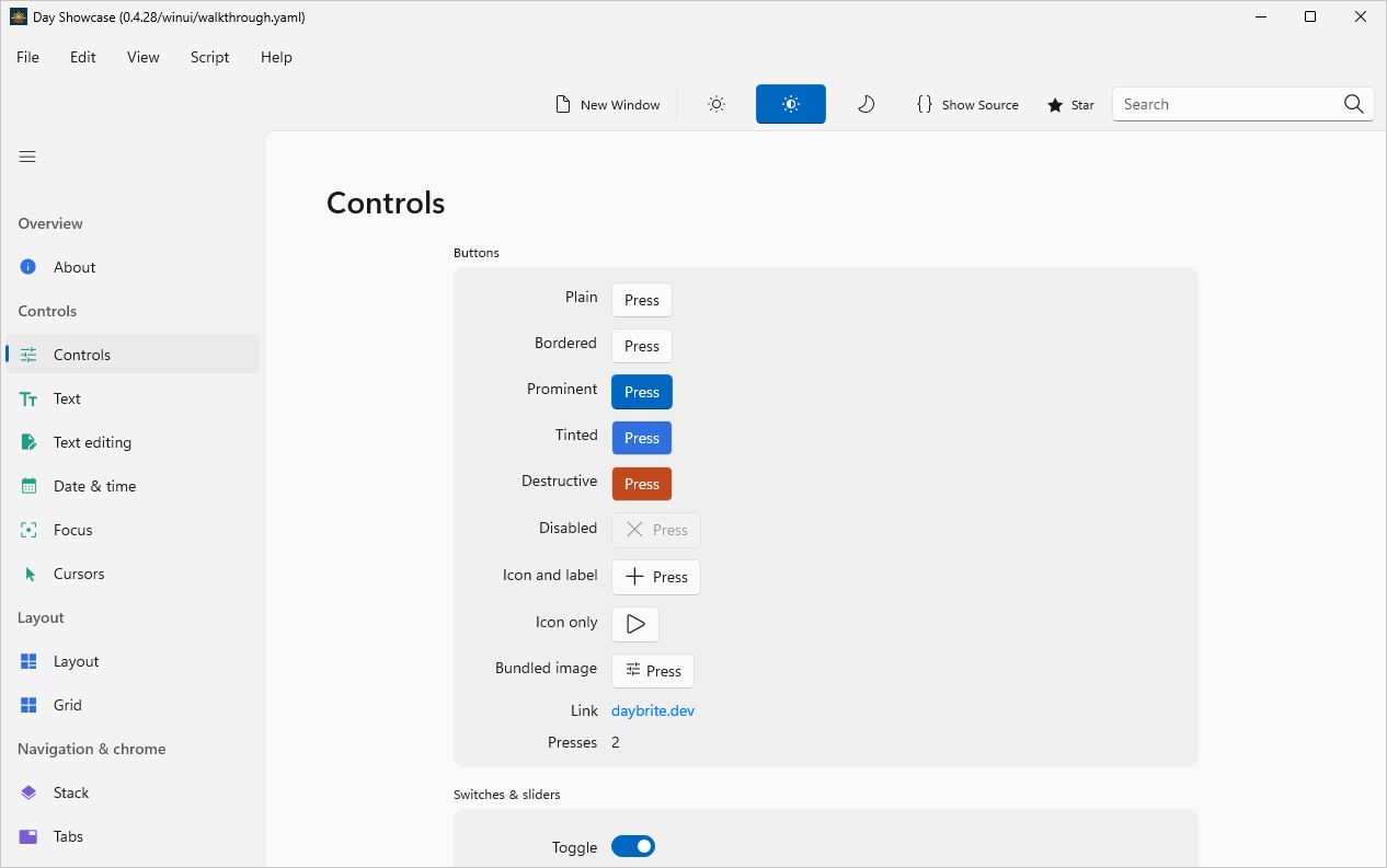 Controls, captured on windows-winui