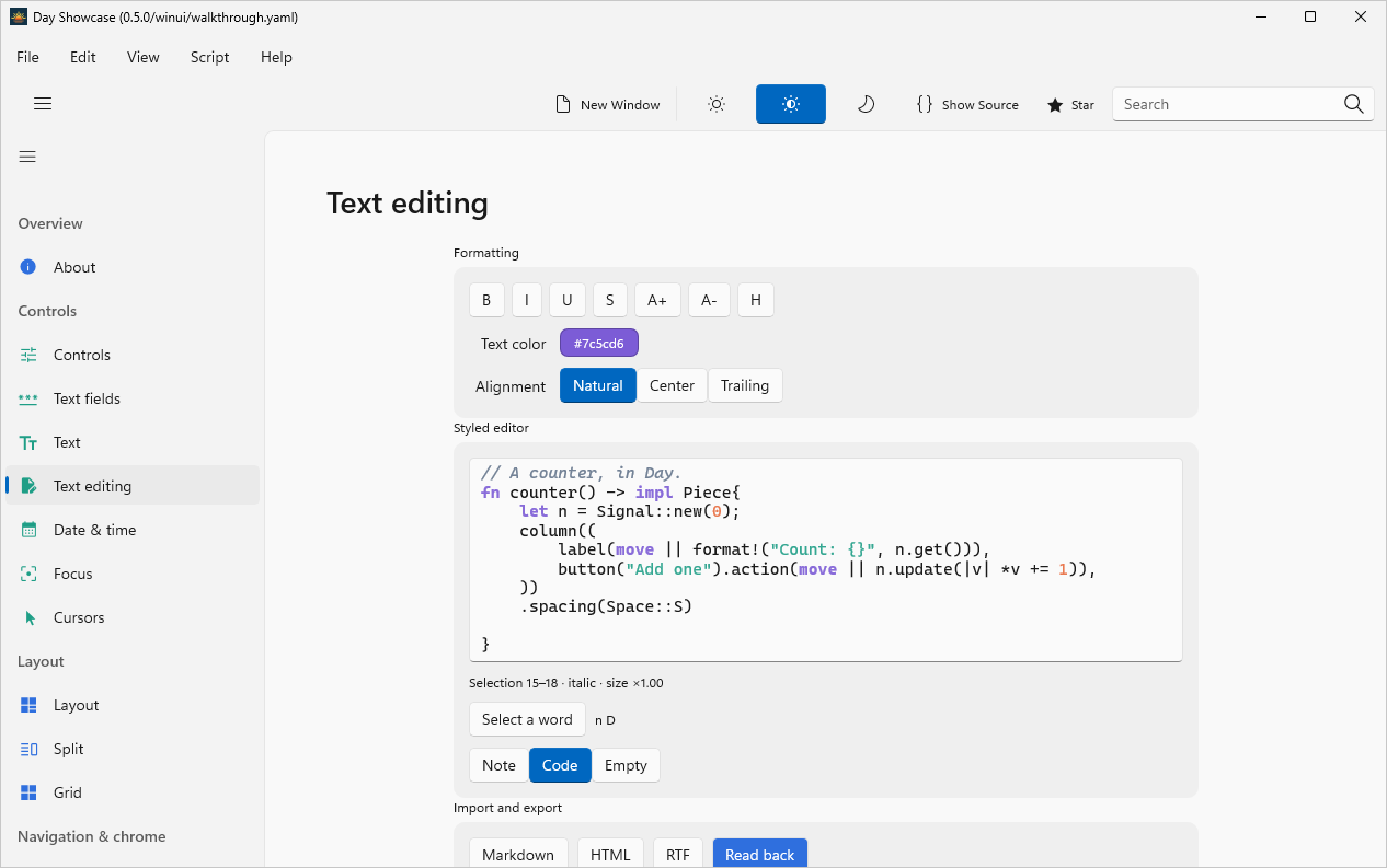 Live syntax highlighting, Windows WinUI 3
