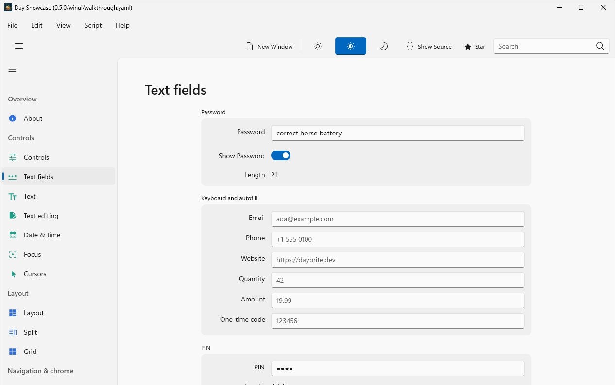 Password shown, Windows WinUI 3